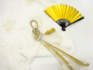 リサイクル　正絹　紗綾形に梅模様織出し帯揚げ・帯締めセット（扇子付）